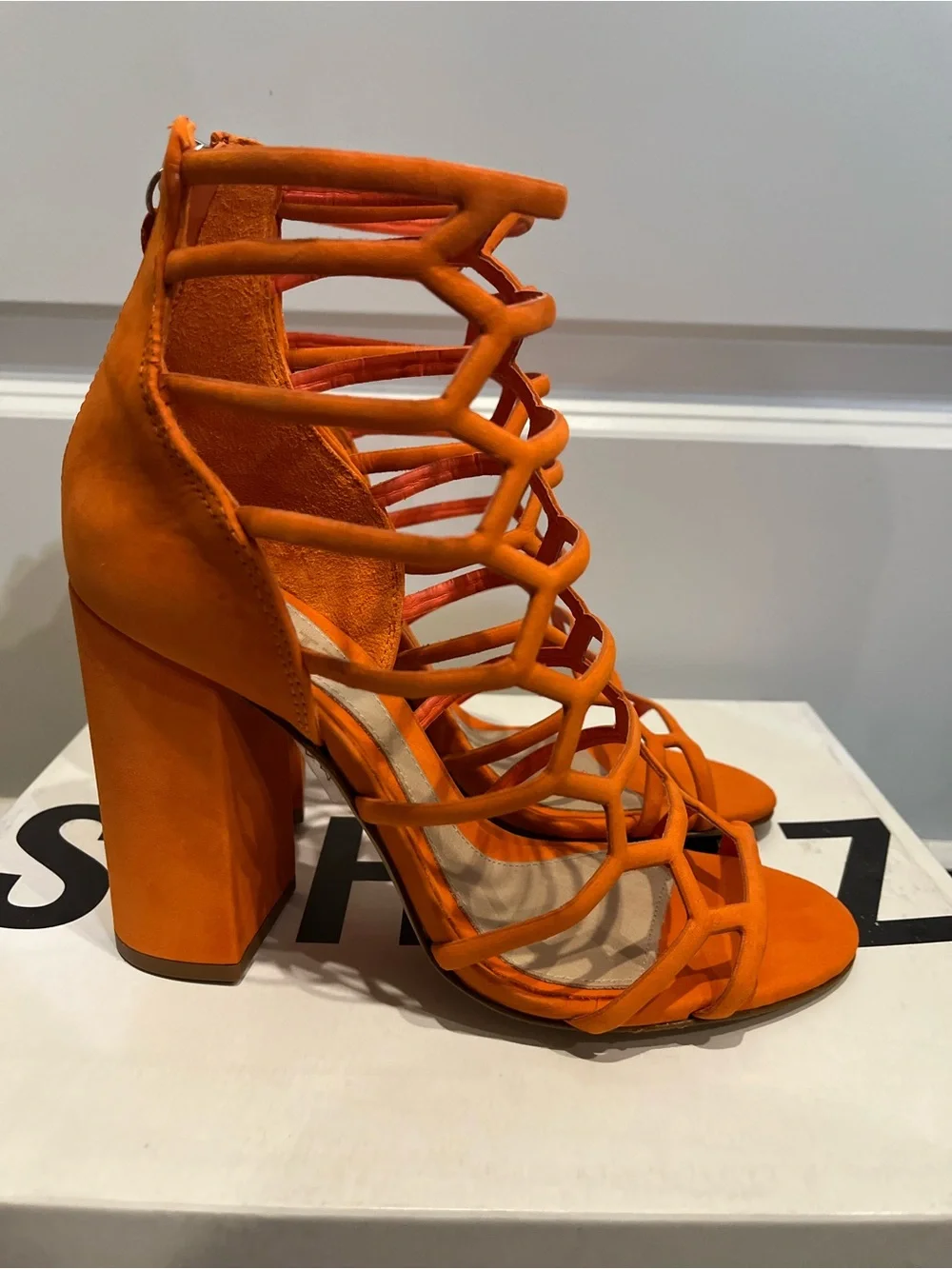 Schutz Julianna Orange Suede Gladiator Block Heels Sandals Sz 6.5